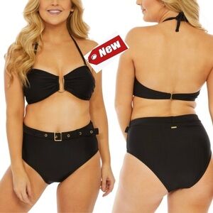 Nicole Miller Black Bandeau Halter Bikini Top & Belted High-Waist Bottoms L NWT